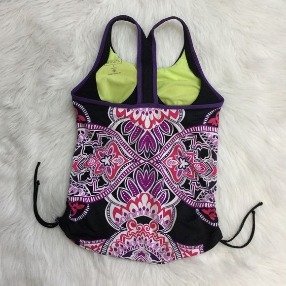 ATHLETA sz Small Tankini Swim Top Style 819804 Adjustable Sides Black Pink - Picture 3 of 7
